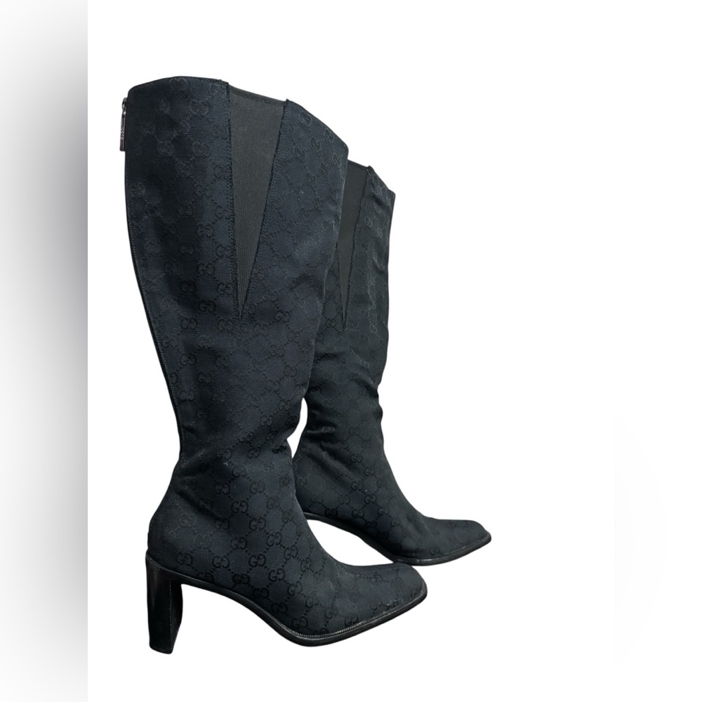 Gucci Black Textured Heeled Boots GG Monogram Canvas